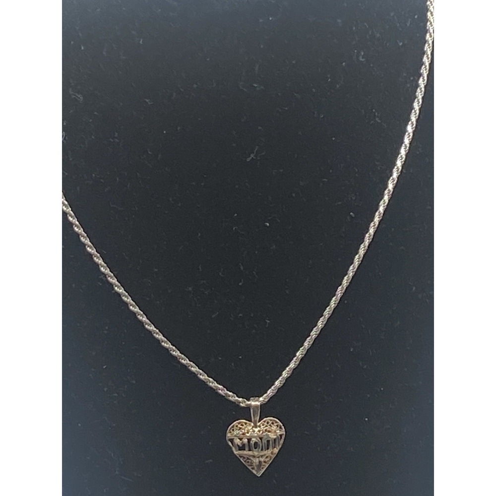 Sterling Silver Rope Necklace With Heart Mom Filagree Pendant 17 In Length Italy